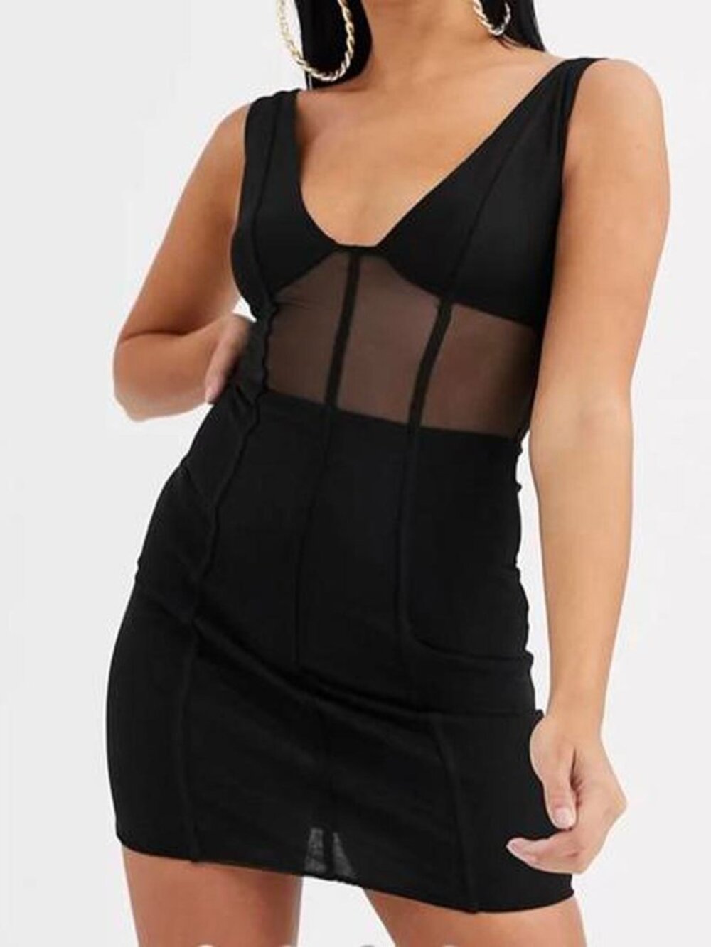Black Sheer Mesh Mini Dress V Neck Open Back